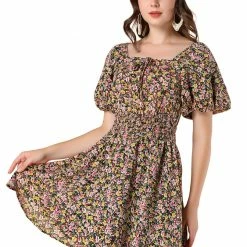 Allegra K Women's Floral Print Square Neck Dresses A-Line Smocked Waist Puff Sleeve Mini Dress