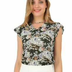 Allegra K Women's Ruffled Cap Sleeve Tops Keyhole V Neck Floral Blouse
