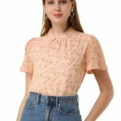 Allegra K Women's Floral Keyhole Back Ruffle Neck Chiffon Blouse Tops