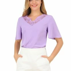 Allegra K Women's Butterfly Sleeves Casual Lace Neck Blouse