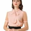 Allegra K Women's Bow Tie Neck V Neck Stand Collar Short Mesh Sleeve Blouse