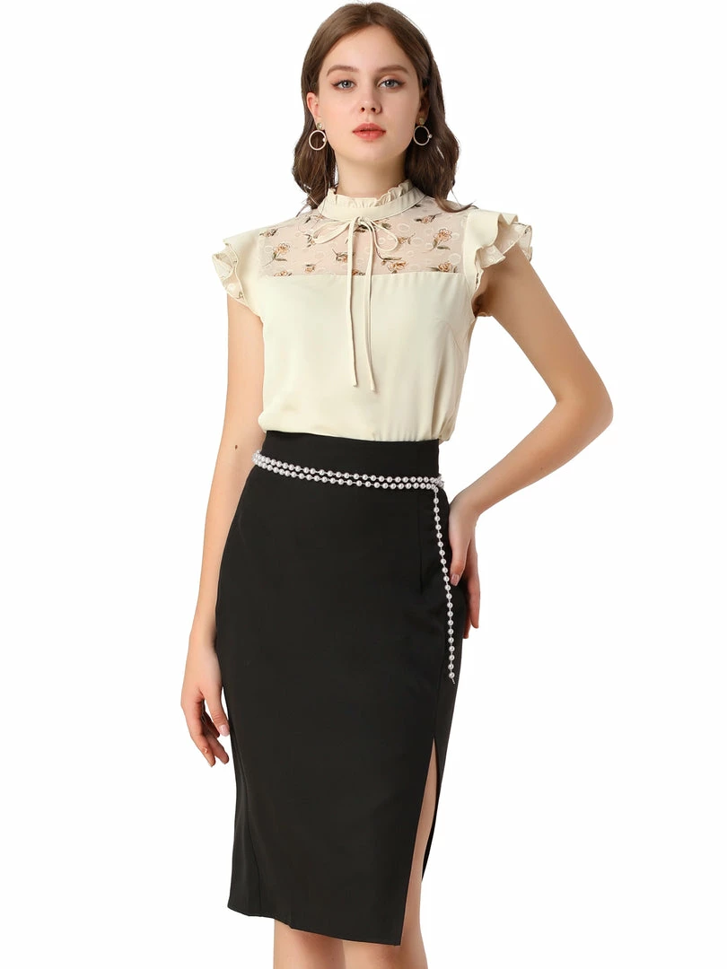 Allegra K Women's Elegant Work Tie Ruffle Stand Collar Top Contrast Lace Panel Short Sleeve Blouse 3 Allegra K Women's Elegant Work Tie Ruffle Stand Collar Top Contrast Lace Panel Short Sleeve Blouse