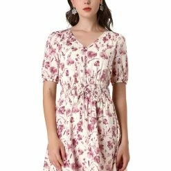 Allegra K Women's Floral Puff Short Dress V Neck Smocked Tie Summer Dresses