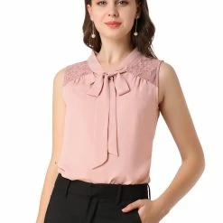 Allegra K Women's Bow Tie Neck Blouse Sleeveless Lace Casual Office Work Shirt Business Tops