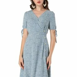 Allegra K Women's Ditsy Floral Tie Lace-up Short Sleeve A-line V-Neck Chiffon Dress