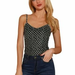Allegra K Women's V Neck Daisy Print Semi Sheer Adjustable Strap Tank Top