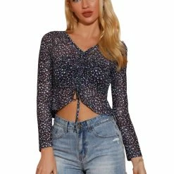 Allegra K Women's Floral Blouse Sheer Ruched Crop Top