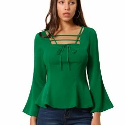 Allegra K Women's Square Neck Bell Sleeve Chiffon Criss Cross Peplum Top
