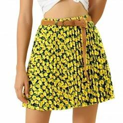 Allegra K Women's Vintage Mini A-Line Elastic Waist With Belt Floral Pleat Skater Skirt