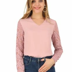Allegra K Women's V Neck Floral Top Casual Relax Long Sleeve Lace Blouse