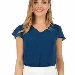 Allegra K Women's Summer Chiffon Blouse Pleat V Neck Cap Sleeve Semi Sheer Top Shirt