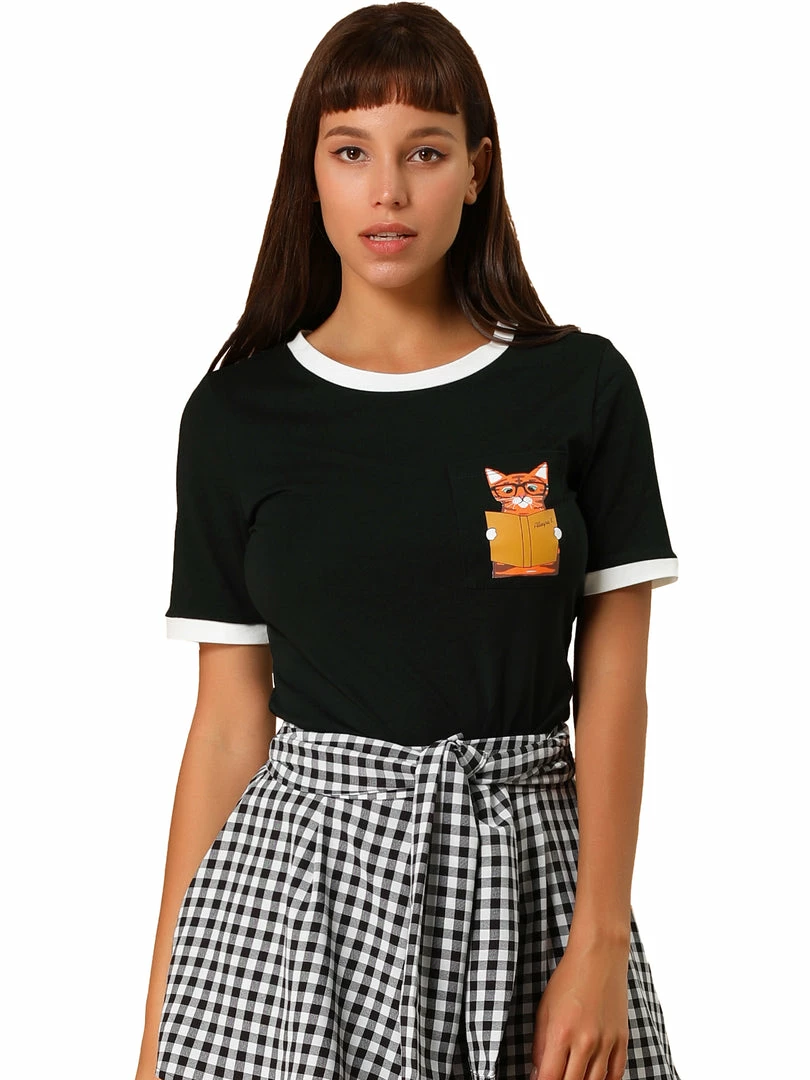 Allegra K Women's Cotton Cat Print Color Block Short Sleeve Top T-Shirt 3 Allegra K Women's Cotton Cat Print Color Block Short Sleeve Top T-Shirt