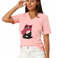 Allegra K Women's V Neck Cotton Cat Print Short Sleeve T-Shirt
