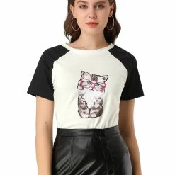 Allegra K Women's Summer Casual Short Sleeve Cartoon Cat Print T-shirt Tee