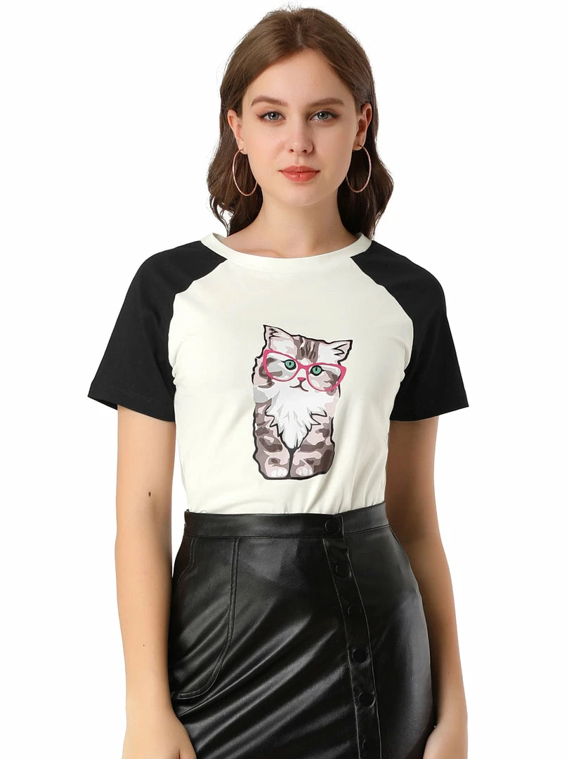 Allegra K Women's Summer Casual Short Sleeve Cartoon Cat Print T-shirt Tee 3 Allegra K Women's Summer Casual Short Sleeve Cartoon Cat Print T-shirt Tee