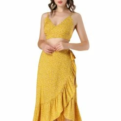 Allegra K Women's 2 Piece Outfit V Neck Spaghetti Strap Sexy Crop Top & Floral Ruffle Wrap Skirt Set