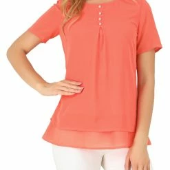Allegra K Women's Round Neck Button Decor Double Layered Chiffon Solid Blouse Top