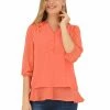 Allegra K Women's Henley Shirt Split Neck 3/4 Sleeve Layer Hem Chiffon Tunic