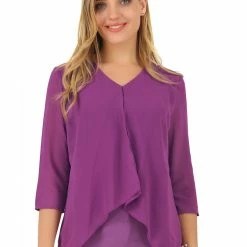 Allegra K Women's Chiffon 3/4 Sleeve V Neck Overlay Blouse
