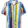 Allegra K Men's Summer Striped Short Sleeves Button Down Printed Hawaiian Shirt