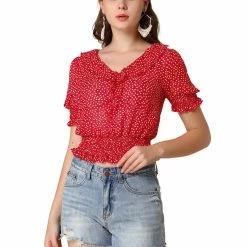 Allegra K Women's Ruffle Collar Smocked Waist Short Sleeve Blouse Dots Top