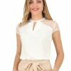 Allegra K Women's Ruffle Neck Mesh Panel Keyhole Back Cap Sleeve Blouse