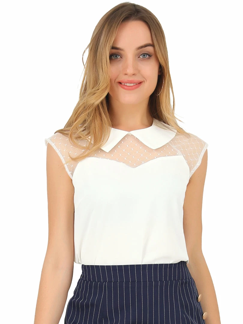 Allegra K Women's Sheer Mesh Panel Blouse Short Sleeve Point Collar Work Top Shirt 3 Allegra K Women's Sheer Mesh Panel Blouse Short Sleeve Point Collar Work Top Shirt