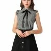 Allegra K Women's Bow Tie Neck Ruffle Trim Sleeveless Gingham Office Shirt Blouse