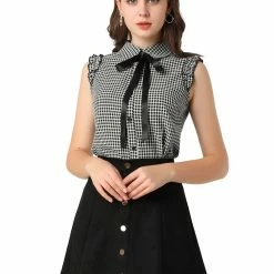 Allegra K Women's Bow Tie Neck Ruffle Trim Sleeveless Gingham Office Shirt Blouse