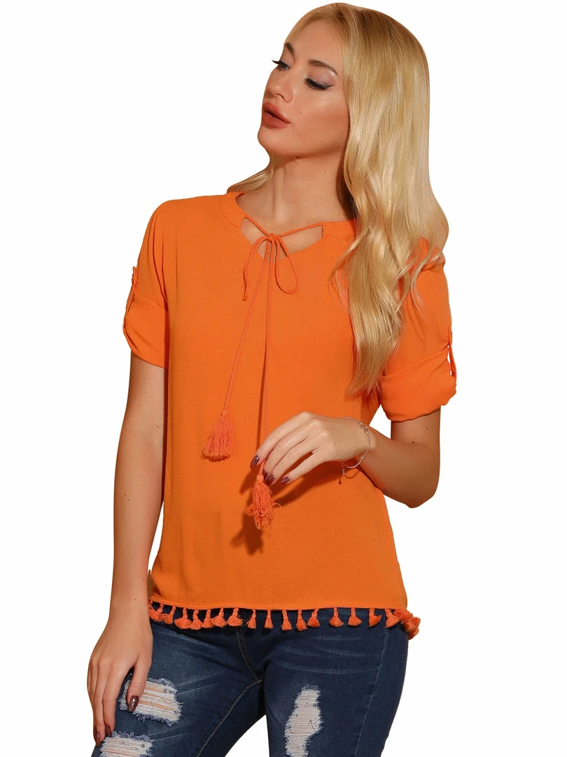 Allegra K Women's Textured Cotton Boho Tie Neck Long Sleeve Apricot Sunset Sorbet Tassel Tunic 3 Allegra K Women's Textured Cotton Boho Tie Neck Long Sleeve Apricot Sunset Sorbet Tassel Tunic