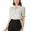 Allegra K Women's Ruffle Short Sleeve Casual Tie Neck Floral Top Blouse