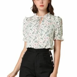 Allegra K Women's Ruffle Short Sleeve Casual Tie Neck Floral Top Blouse