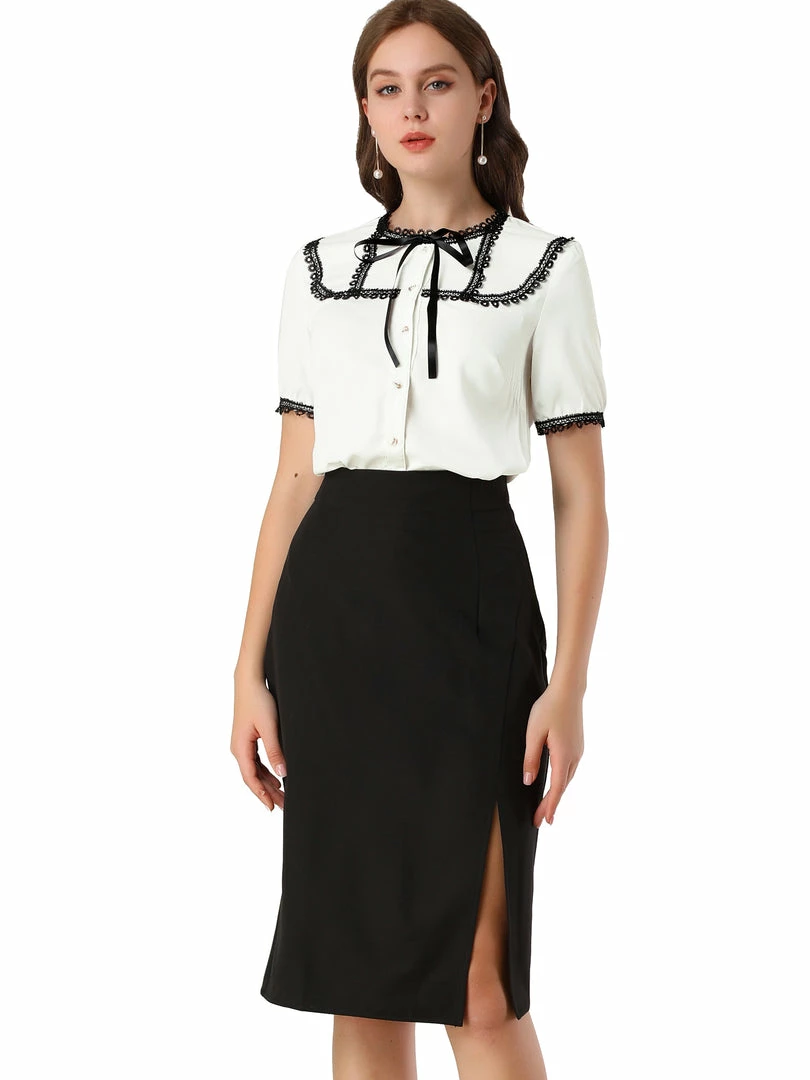 Allegra K Women's Short Sleeve Blouse Lace Panel Bow Tie Collar Button Down Shirt 3 Allegra K Women's Short Sleeve Blouse Lace Panel Bow Tie Collar Button Down Shirt