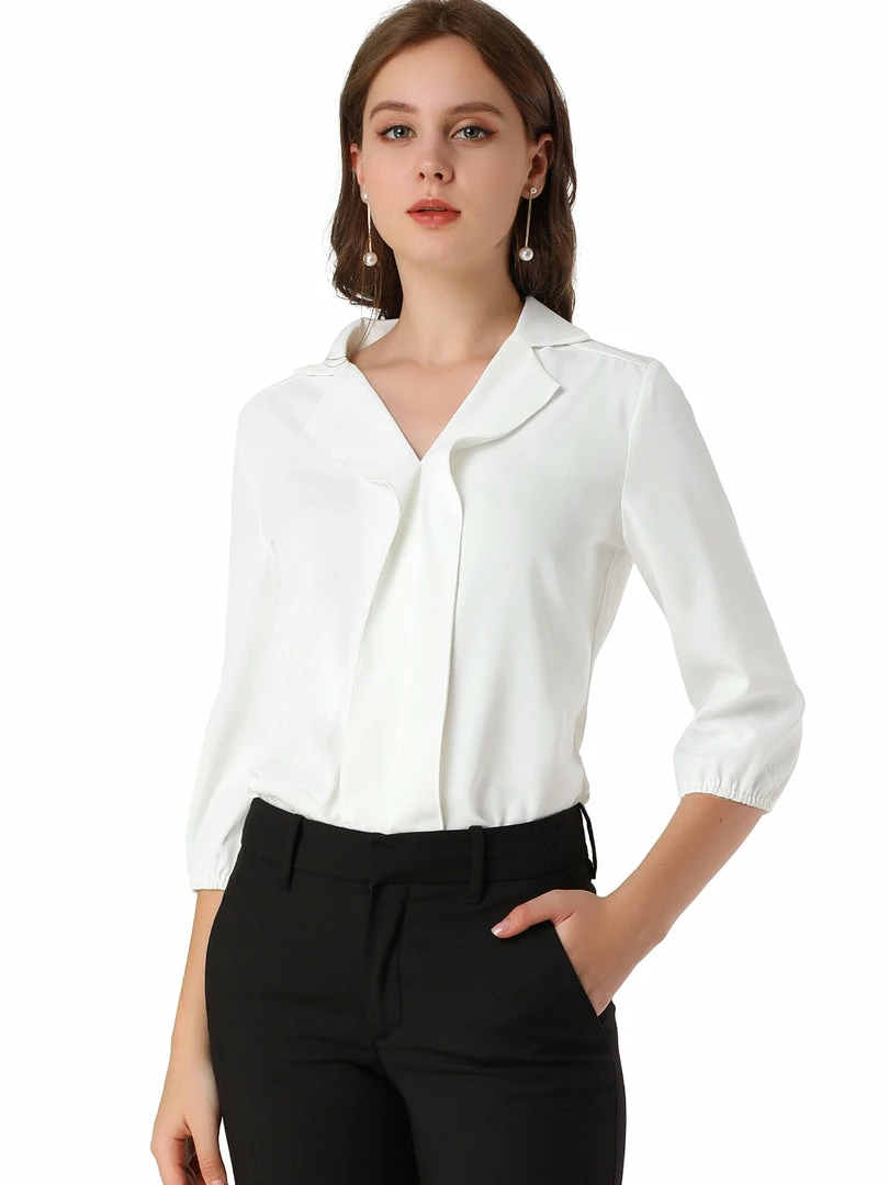Allegra K Women's V Neck 3/4 Sleeves Collared Work Office Top Blouse 3 Allegra K Women's V Neck 3/4 Sleeves Collared Work Office Top Blouse