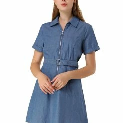 Allegra K Women's Casual Washed Cotton Slit Pocket Denim Dress With Belt