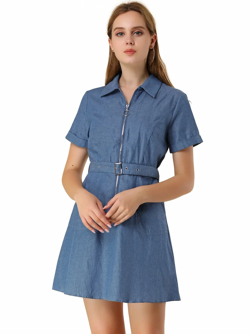 Allegra K Women's Casual Washed Cotton Slit Pocket Denim Dress With Belt 3 Allegra K Women's Casual Washed Cotton Slit Pocket Denim Dress With Belt