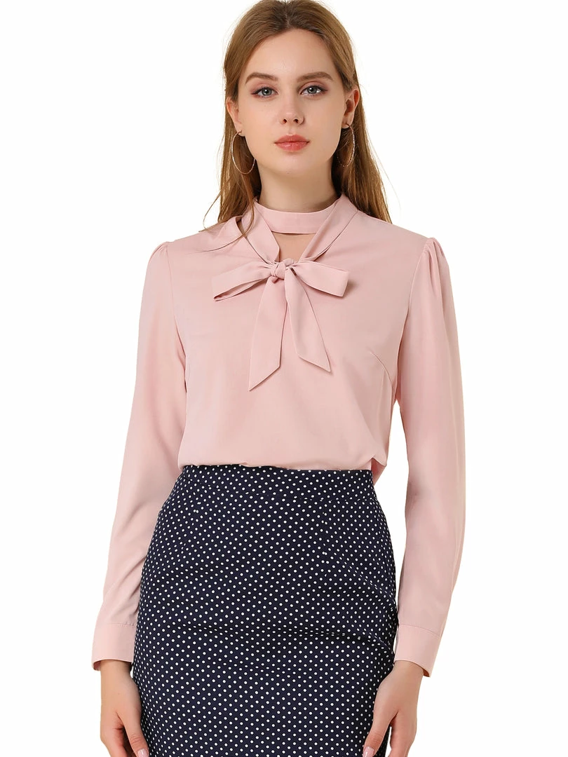 Allegra K Women's Bow Tie Choker Neck Work Offlce Puff Long Sleeve Elegant Blouse 3 Allegra K Women's Bow Tie Choker Neck Work Offlce Puff Long Sleeve Elegant Blouse