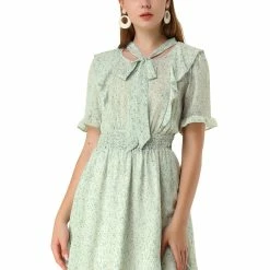 Allegra K Women's Bow Tie Neck Ruffle Short Sleeve Floral Dress