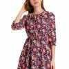 Allegra K Women's Ruffled Tie Neck 3/4 Puff Sleeve Flowy Mini Floral Dress