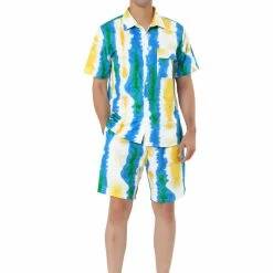 Allegra K Men's Hawaiian Suit Short Sleeves Button Down Shirt Summer Tie Dye Beach Shorts Set
