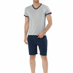 Allegra K Men's Sleepwear Set V-Neck Short Sleeve And Shorts Lounge Pajama Set Suit