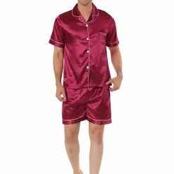 Allegra K Men's Nightwear Short Sleeve Top And Pants Summer Sleepwears Satin Pajama Sets