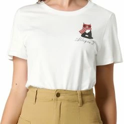 Allegra K Women's Summer Casual Short Sleeve Crew Neck Cartoon Cat Pet Print T-shirt