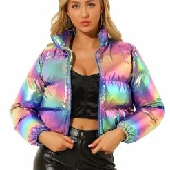 Allegra K Women's Winter Shiny Cropped Quilted Padded Puffer Metallic Coat