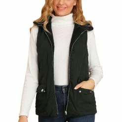 Allegra K Women's Padded Stand Collar Quilted Lightweight Pocket Vest