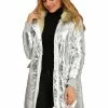 Allegra K Women's Hooded Faux Fur Collar Over Hip Zip Up Metallic Shiny Parka Jacket 2 Allegra K Women's Hooded Faux Fur Collar Over Hip Zip Up Metallic Shiny Parka Jacket
