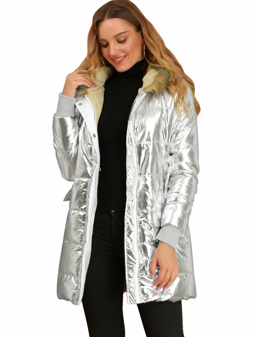 Allegra K Women's Hooded Faux Fur Collar Over Hip Zip Up Metallic Shiny Parka Jacket 3 Allegra K Women's Hooded Faux Fur Collar Over Hip Zip Up Metallic Shiny Parka Jacket