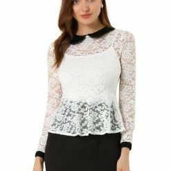 Allegra K Women's Peter Pan Collar Doll Collar Lace Floral Peplum Top