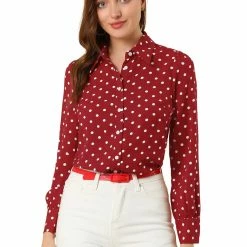 Allegra K Women's Polka Dots Button Down 1950s Vintage Puff Long Sleeve Blouse Shirt