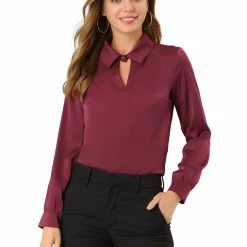 Allegra K Women's Satin Pullover Top Long Sleeves Elegant Work Office Collared Blouse